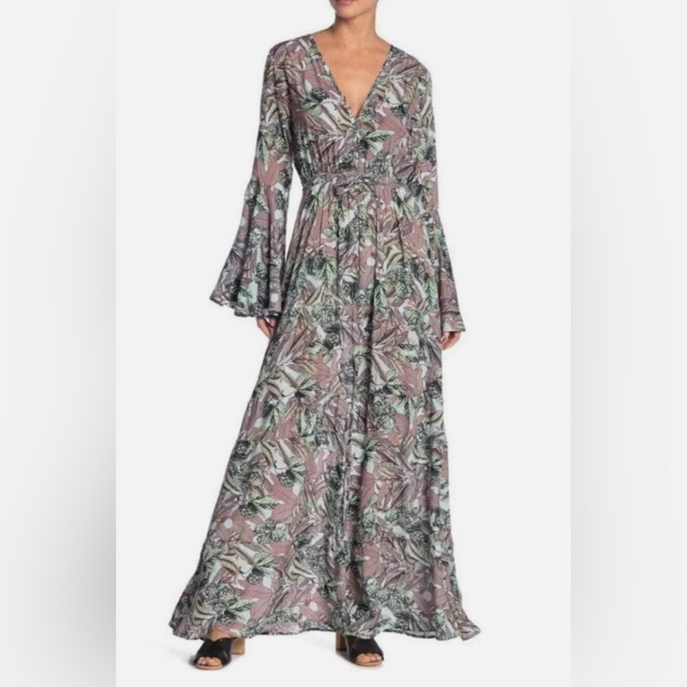 Maaji Botanical Tropical Floral Bell Long Sleeve Front Slit Maxi Cover-Up Dress